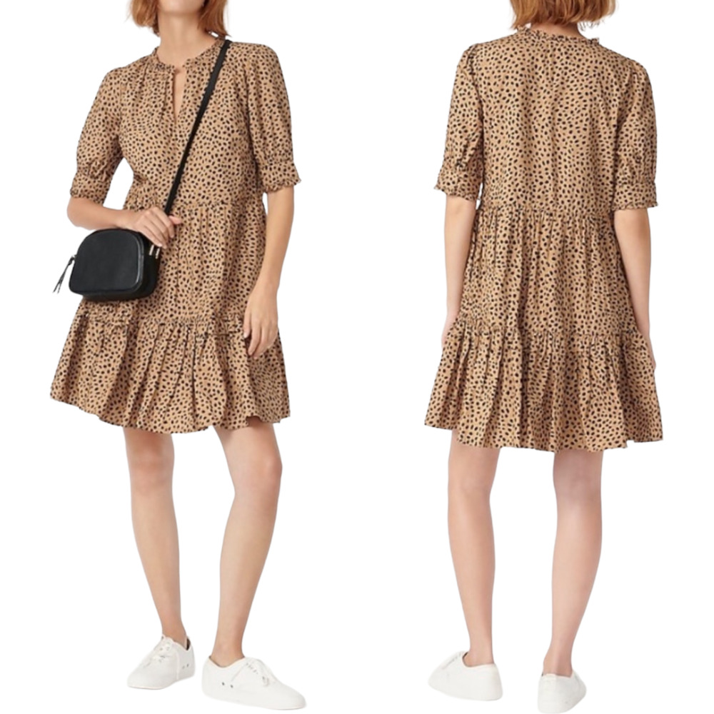 J. Crew Leopard Dot Cotton Ruffleneck Tiered Popover Dress Relaxed Fit XS